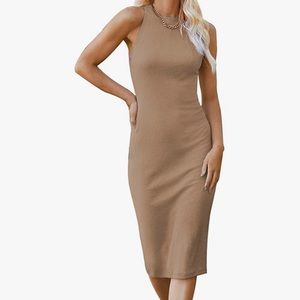 Pretty Garden Beige Ribbed Midi Dress